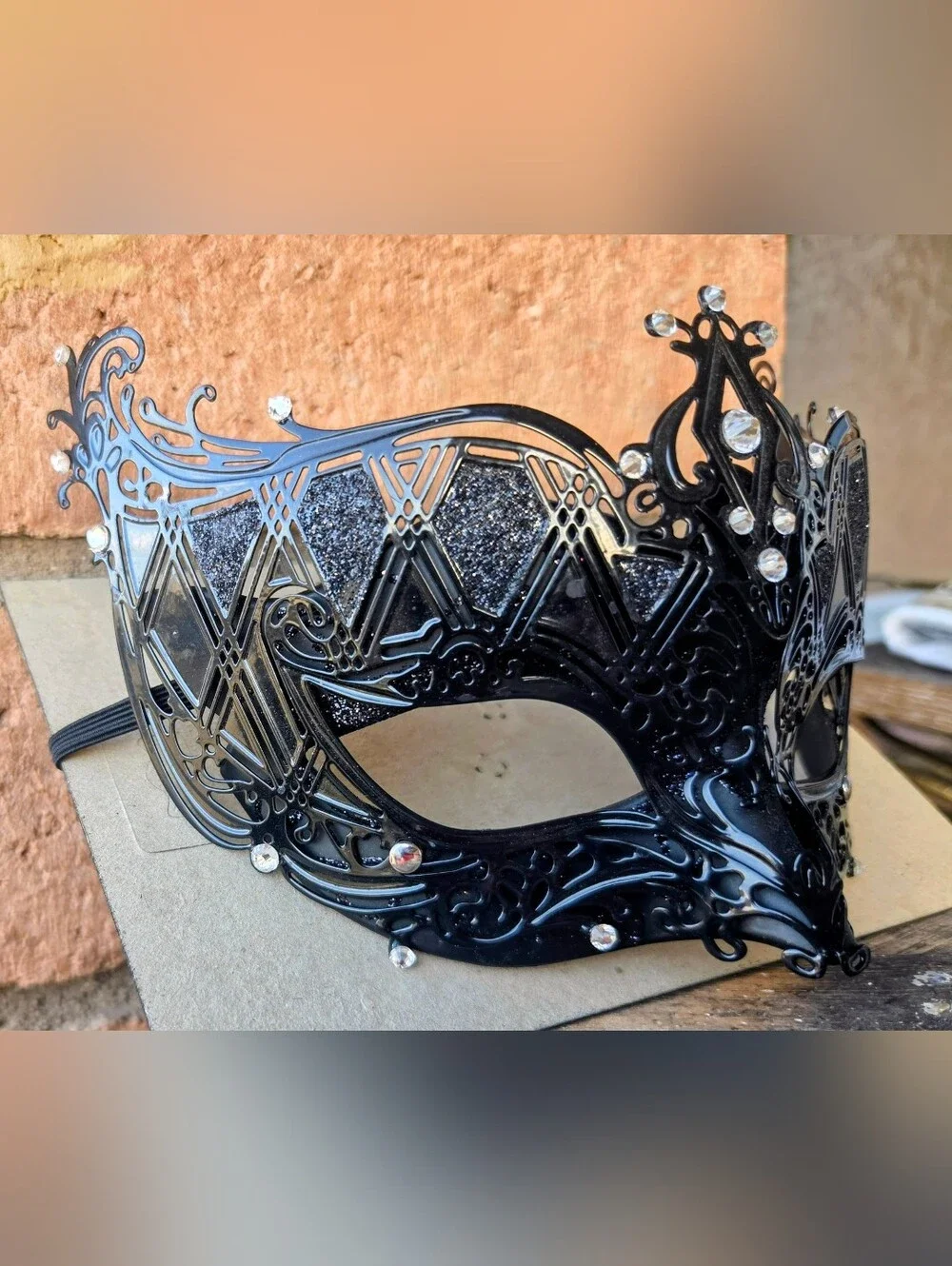SOLID Black Decorative Masquerade Mask with Rhinestones - Metal. NEW.
